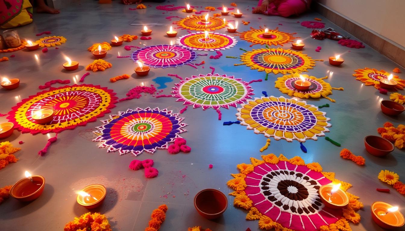 diwali decorations showcasing vibrant rangoli designs