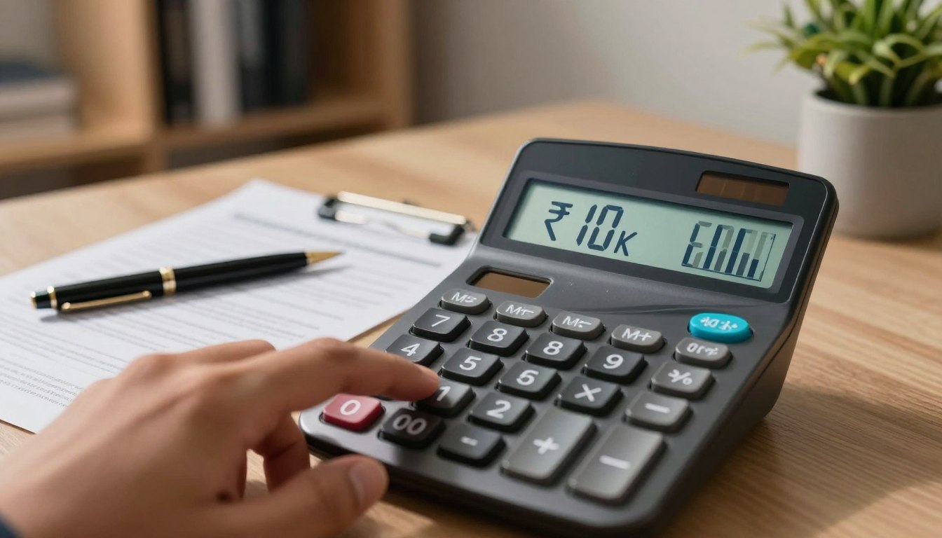 A close-up view of a modern financial calculator with a glowing digital display showing the estimated EMI for a ₹10 lakh home loan, prominently featuring numbers and graphs. In the foreground, a hand is interacting with the calculator, suggesting an analytical approach. The middle ground includes neatly arranged home loan paperwork and a stylish pen, emphasizing professionalism. The background consists of a softly lit indoor office space with a blurred bookshelf and potted plant, invoking a calm and focused atmosphere. The lighting is warm, with soft shadows to create depth, and the composition is captured at eye level to draw attention to the calculator's display. The overall mood is serious yet hopeful, reflecting positive financial planning.