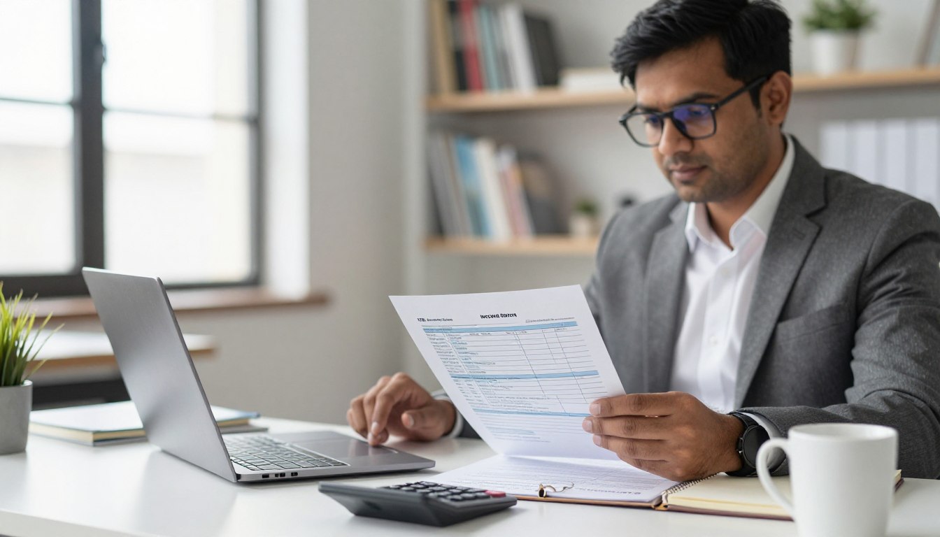 A modern workspace scene featuring a focused professional seated at a desk, reviewing tax documents and an ITR (Income Tax Return) form on a laptop screen. The foreground shows neatly organized papers, a calculator, and a coffee mug, conveying a sense of diligence. In the middle, the individual, a South Asian man in business attire, wears glasses and takes notes, symbolizing careful examination. The background displays a well-lit office environment with shelves of books and a window letting in natural light, creating a bright and productive atmosphere. The composition should have a soft bokeh effect on the background to emphasize the subject, with an overall mood of concentration and professionalism.