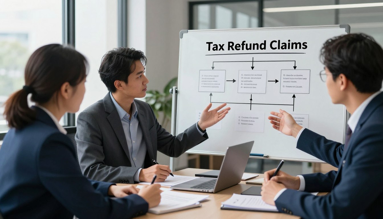 A professional business setting showcasing the steps to resolve incorrect or unsuccessful tax refund claims. In the foreground, a diverse group of three individuals, dressed in smart business attire, are gathered around a table filled with paperwork and a laptop. One person gestures towards the screen, explaining the process, while the others take notes. In the middle, a clear diagram depicting the step-by-step resolution process is displayed on a whiteboard. The background features a modern office environment with soft natural lighting coming from large windows, creating a focused and collaborative atmosphere. The color palette is calm with blues and greys, emphasizing professionalism and clarity. The angle is slightly above eye level, capturing both the discussion and the details of the whiteboard.