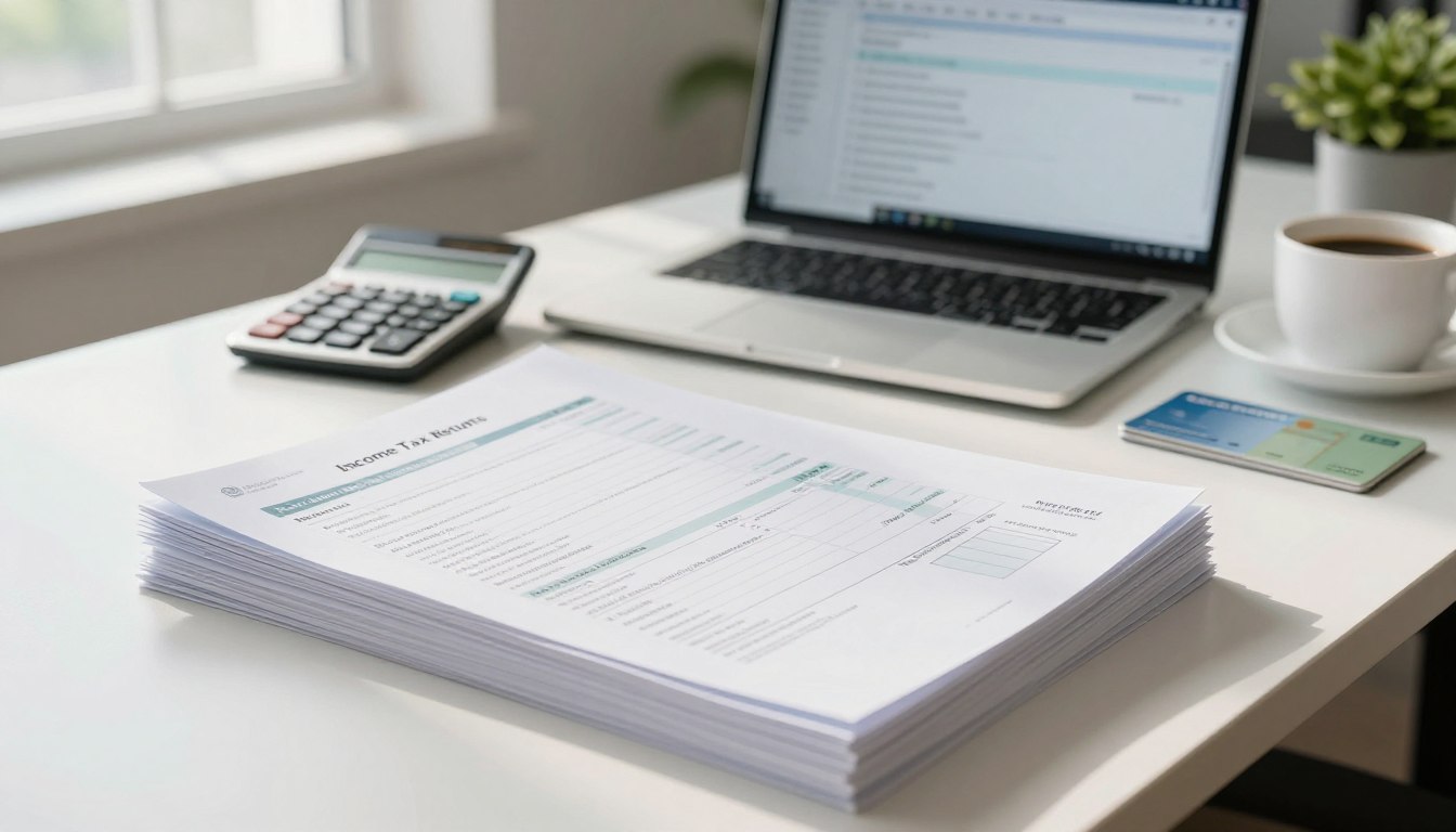 A well-organized desk setup displaying essential documents for filing Income Tax Returns (ITR). In the foreground, a neatly arranged stack of thirty crucial papers, including bank statements, salary slips, investment proofs, and Aadhar cards, all clearly visible and labeled with subtle visual hints. The middle ground features a laptop open to a tax filing software screen, while a calculator and a cup of coffee are present, suggesting a focused work environment. In the background, soft natural lighting filters through a window, casting gentle shadows, creating a calm and professional atmosphere. A subtle, blurred office setting enhances concentration, with green plants to symbolize growth and stability. The scene is devoid of any text or external distractions, capturing the essence of tax documentation with clarity and precision.